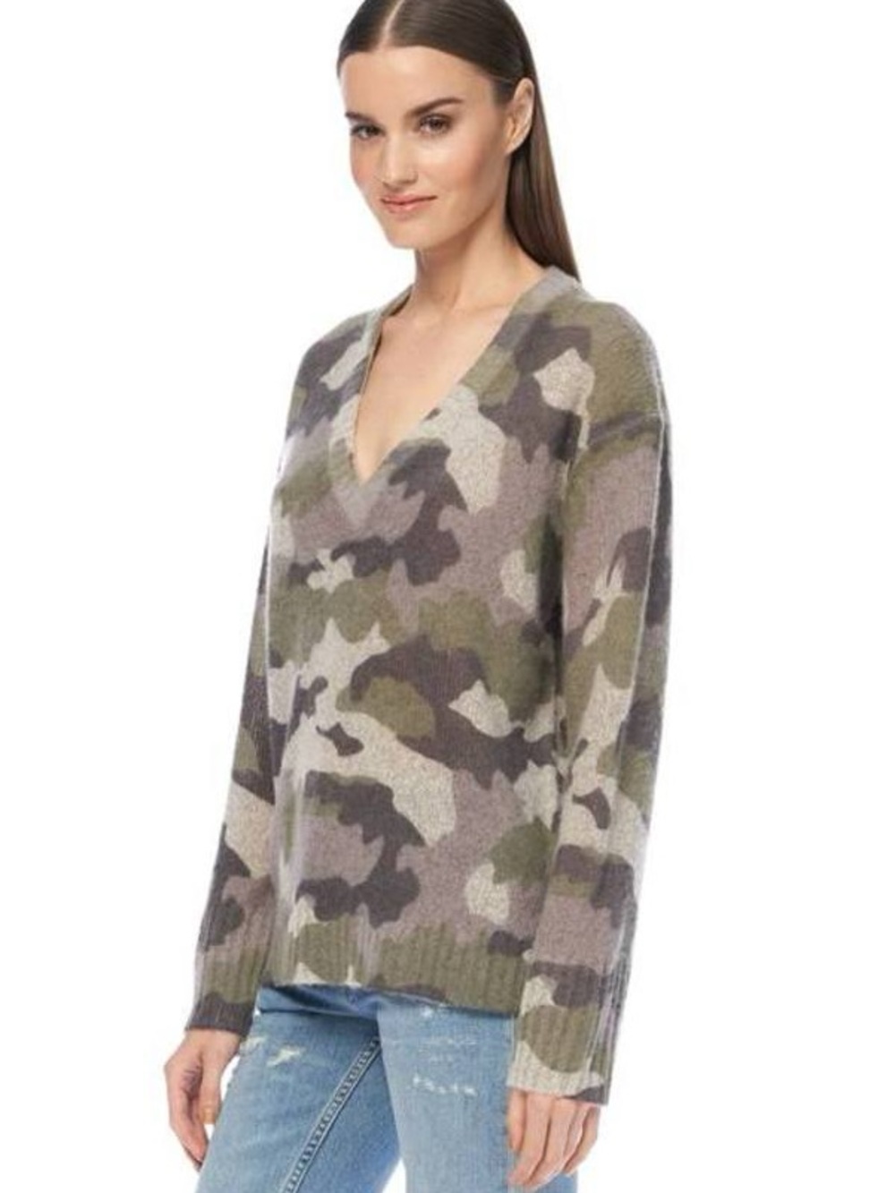 Design History Pure Cashmere Camouflage V-Neck Sweater Camo Cashmere Sweater in